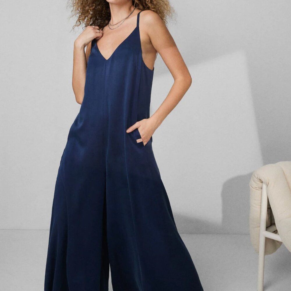 Lunya Washable Silk Elastic Strap Jumpsuit - Deep Blue